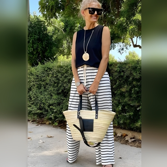 NEW! White Striped Pocket Casual Drawstring Wide LegPants - Picture 4 of 16